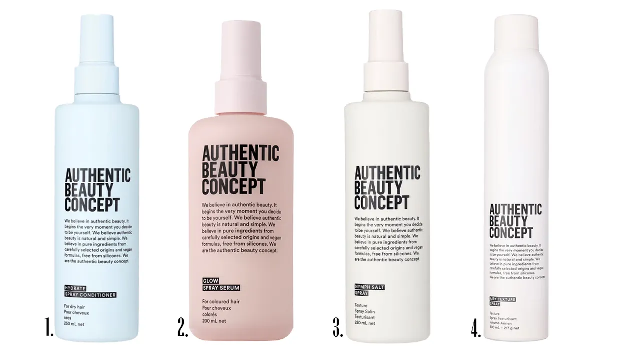 1. Hydrate Spray Conditioner | 2. Glow Spray Serum | 3. Nymph Salt Spray | 4. Airy Texture Spray
