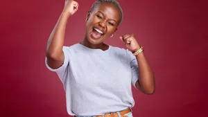 Celebration, black woman and excited person showing happiness