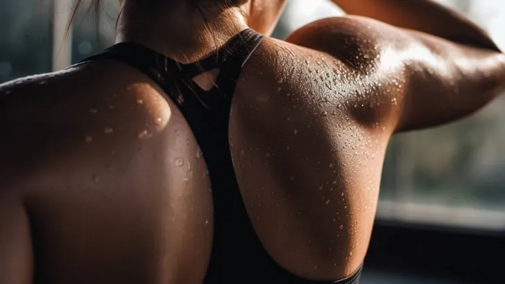 Close up of woman back with flexing her muscles in sweat on skin after workout