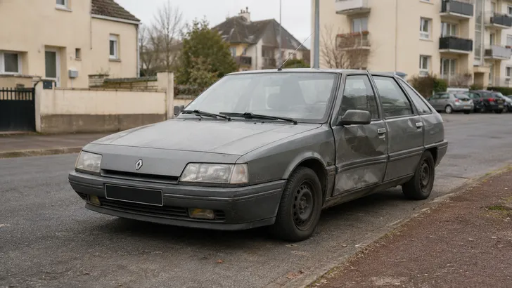 Grijze Renault 21 uit 1992 met gedeukte en geschaafde linkerzijde, geparkeerd langs een straat.