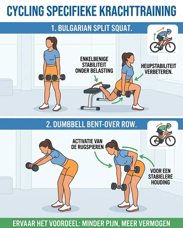 Schematische weergave van twee krachtoefeningen voor wielrenners op een witte achtergrond. Boven de 'Bulgarian Split Squat' voor stabiliteit en onder de 'Dumbbell Bent-Over Row' voor een sterke rughouding.
