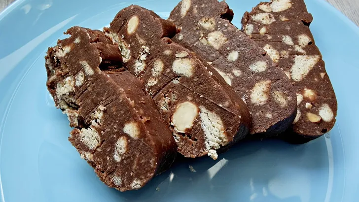 Chocolate biscuit salami - cookies on a plate