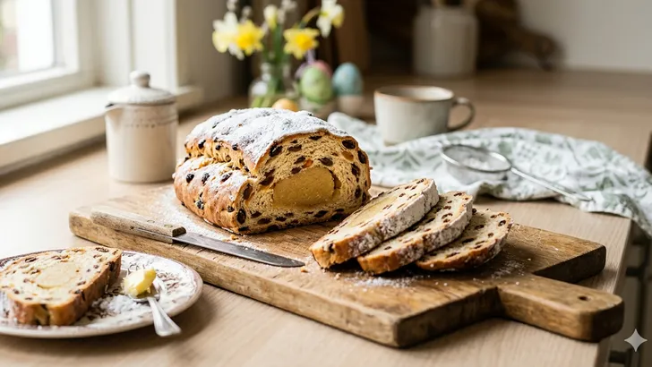 en opengesneden paasstol op een houten broodplank met een mes en paasversieringen op de achtergrond