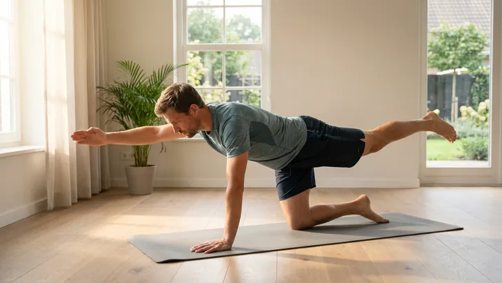 Mannelijke wielrenner doet een 'Bird-Dog' oefening op een matje als onderdeel van zijn ochtendroutine.