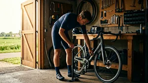 Mannelijke wielrenner pompt de banden van zijn racefiets op met een vloerpomp in een koele, schaduwrijke garage voor vertrek op een zomerse dag.