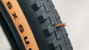 Close-up van een zwarte fietsband met grove profielblokken en een bruine zijwang, waarin een kleine taps toelopende doorn gedeeltelijk in het rubber steekt tegen een lichte, onscherpe achtergrond