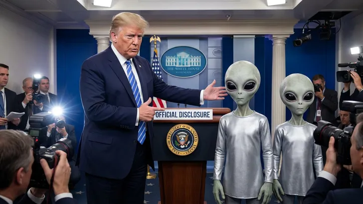 Donald Trump met twee aliens (ai-gegenereerd)