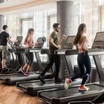 Group of four people running on treadmills in fitness gym