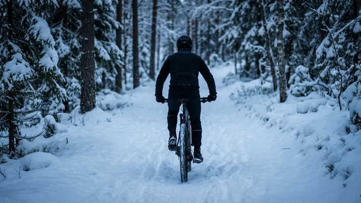 Mannelijke mountainbiker met helm vanaf de rug gezien fietst door een besneeuwd bos in de winter