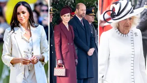 Irritaties te paleize. – Drieluik foto's met links Meghan, midden William en Kate, en rechts Camilla.
