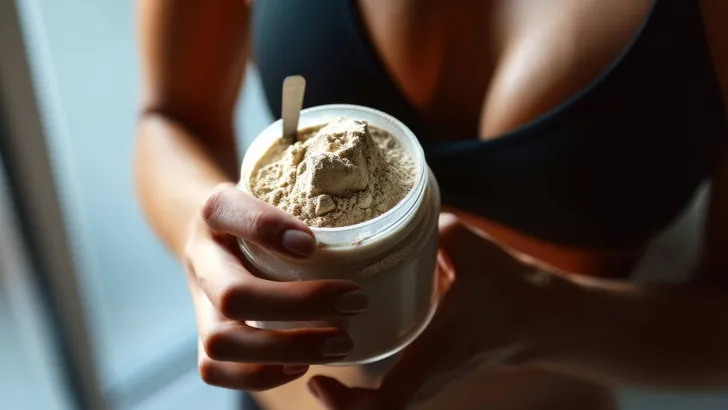 Fitness Enthusiast Carefully Measures Protein Powder For Nutritious Shake