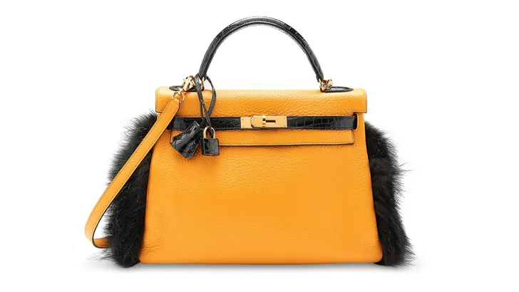 Hermes Petit Jaune d’or Clémence & black fox fur Kelly 28 