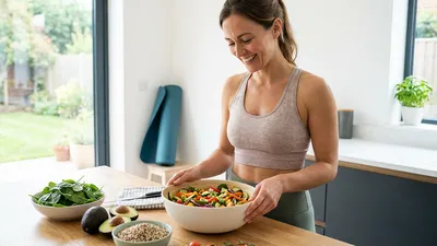 Fitte vrouw bereidt een gezonde maaltijd in een lichte keuken, met een yogamat op de achtergrond.