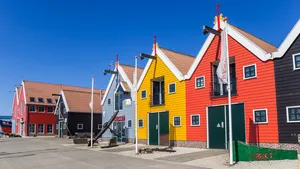 Panorama of colorful wooden houses in Zoutkamp