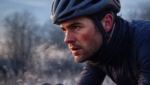 Close-up van een wielrenner die in de winterkou fietst, met rode wangen en zichtbare ademwolken, tegen een ijzig landschap in de achtergrond.