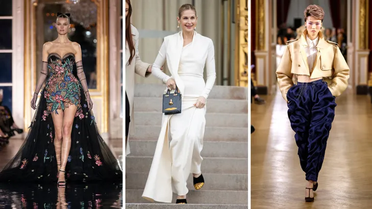 Favoriete looks van de redactie van Paris Couture Week 2025 – Drieluik foto's met links een model in een zwarte Zuhair Murad-japon, midden Kelly Rutherford in een witte Schiaparelli-outfit en rechts een model in een ensemble van Viktor & Rolf.