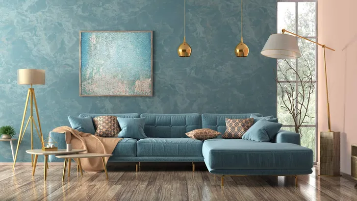 Interior of living room with blue sofa 3d rendering