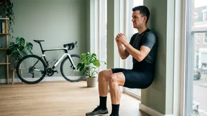 Een fitte mannelijke wielrenner in fietskleding voert een wall sit oefening uit tegen de muur in een lichte, moderne woonkamer, met een racefiets op de achtergrond.