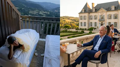 Een vermoeide mannelijke wielrenner zonder helm ligt op een matras op een balkon, naast een afbeelding van een luxe Frans kasteel voor Tour de France vips.