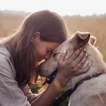 Girl and her friend dog on the straw field background. Beautiful young woman relaxed and carefree enjoying a summer sunset with her lovely dog