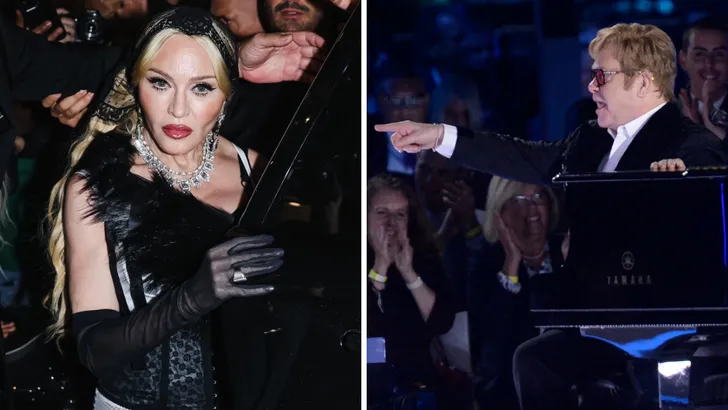 Tweeluik foto's, met links Madonna in september 2024 en rechts Elton John bij een piano in 2022.