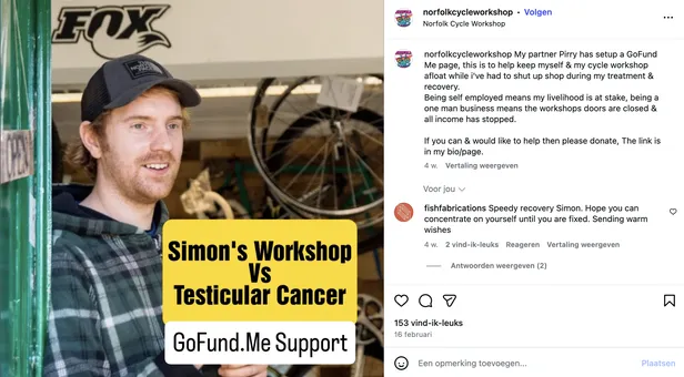 Screenshot van de Instagram-post van Simon Worley in zijn fietsenwerkplaats, waarin hij vertelt over zijn herstel na de diagnose teelbalkanker.