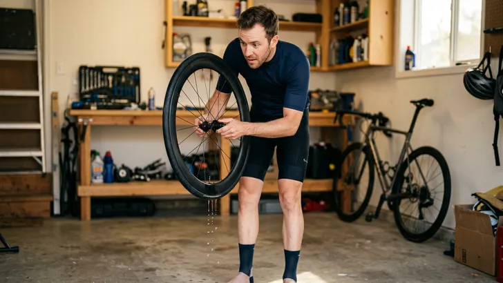 Een fietser zonder helm schudt in zijn werkplaats een carbon wiel heen en weer om binnengedrongen waswater eruit te laten lopen.