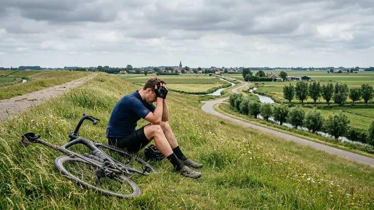 Een uitgeputte wielrenner met een hongerklop zit moedeloos op een grasdijk in een Hollands polderlandschap.