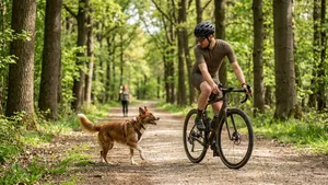 Mannelijke wielrenner op een gravelbike in het bos die afremt voor een loslopende hond.