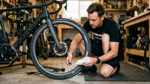Een fietser zonder helm vult geconcentreerd via het ventiel tubeless vloeistof bij in zijn racefietsband.