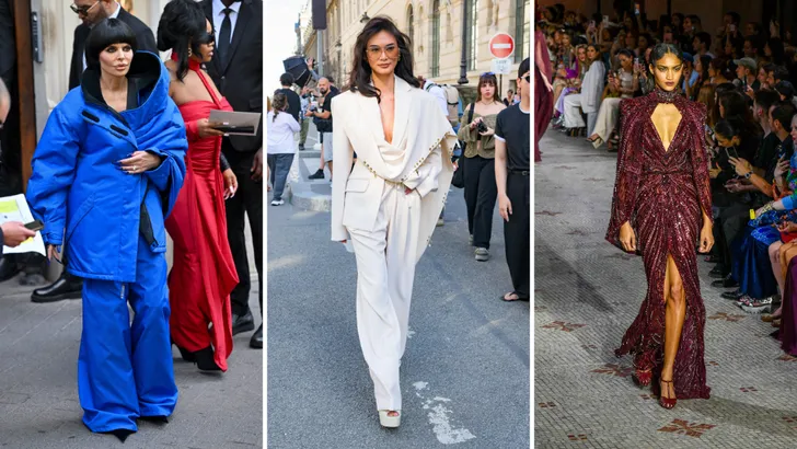 Drieluik foto's Paris Couture Week met links Lisa Rinna in Balenciaga, midden Pia Wurtzbach en rechts een model in Zuhair Murad.