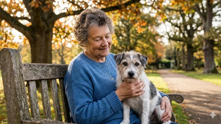 Oudere vrouw knuffelt een senior hond in een zonnig herfstpark; symbool voor gezonde veroudering en vriendschap