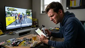 Gefrustreerde mannelijke wielerfan zit met zijn smartphone op de bank te appen terwijl hij op tv naar de Tour de France kijkt.