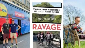 foto van auteur nick klaessens met mattias reck en de cover van het boek ravage over het giant-alpecin drama