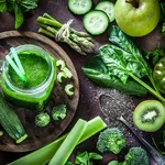 Detox diet concept: green vegetables on rustic table