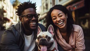 A multicultural couple shares a laughter-filled moment with their playful French Bulldog on a vibrant city rooftop, illustrating the happiness found in urban living with canine com