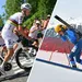 Een split-screen beeld dat de parallel toont tussen wielrennen en ski-alpinisme, met links Tadej Pogacar die klimt en rechts een mannelijke ski-alpinist die een besneeuwde berg beklimt.