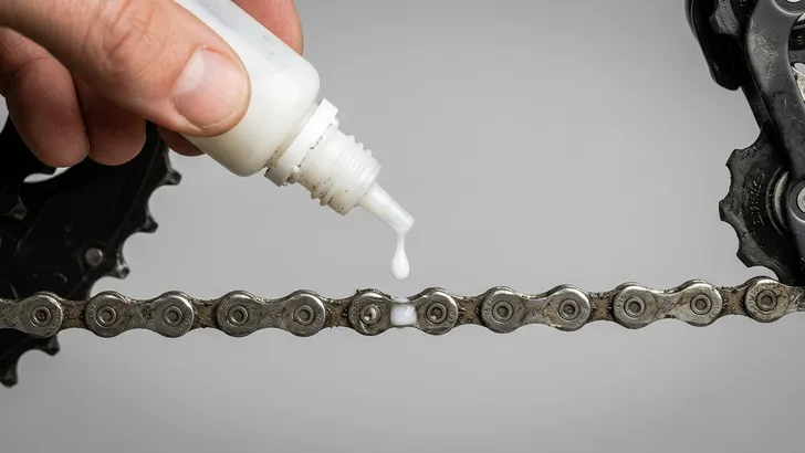Close-up van een hand die een witte druppel vloeibare kettingwax precies op de binnenkant van het onderste deel van een fietsketting laat vallen.