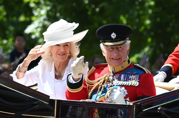Camilla en Charles zwaaien naar het publiek vanuit hun rijtuig.
