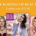 Royale Korting op Beau Monde. – Banner met collage magazine-covers en informatie over een kortingsactie op Beau Monde.