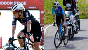 Een split-screen afbeelding met links Juliette Berthet (voorheen Labous) in de UAE Tour voor FDJ United-SUEZ en rechts haar echtgenoot Clément Berthet tijdens een beklimming in zijn vorige Decathlon-AG2R tenue.