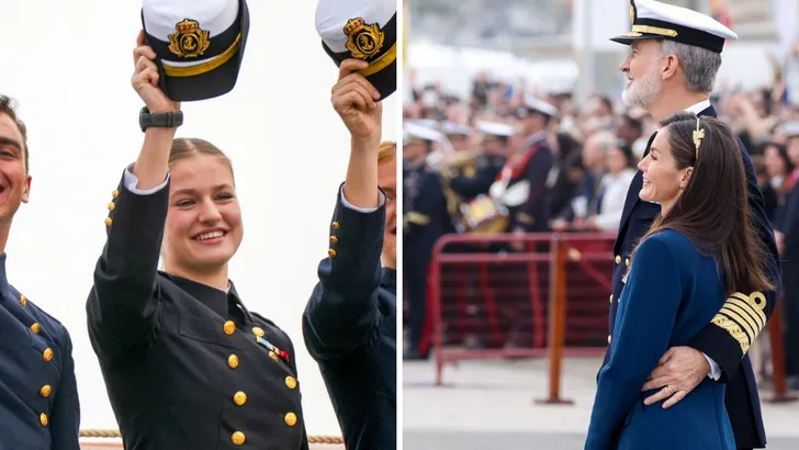 Afscheid prinses Leonor – Tweeluik foto's met links prinses Leonor en rechts koning Felipe en koningin Letizia, 11 januari 2024.