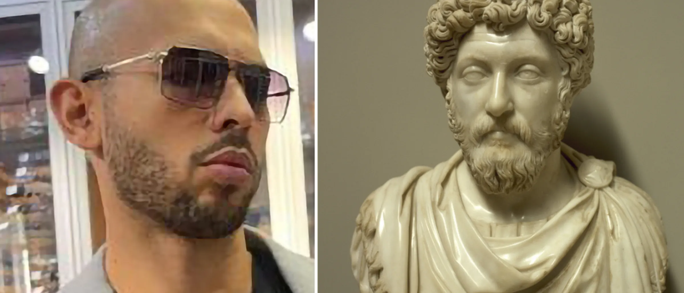 Andrew Tate (links) en Marcus Aurelius (rechts)