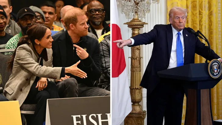 Trump doet uitspraak over deportatie prins Harry – Tweeluik foto's. Links prins Harry en hertogin Meghan op de tribune bij de Invictus Games, februari 2025. Rechts president Donald Trump achter een podium, februari 2025.