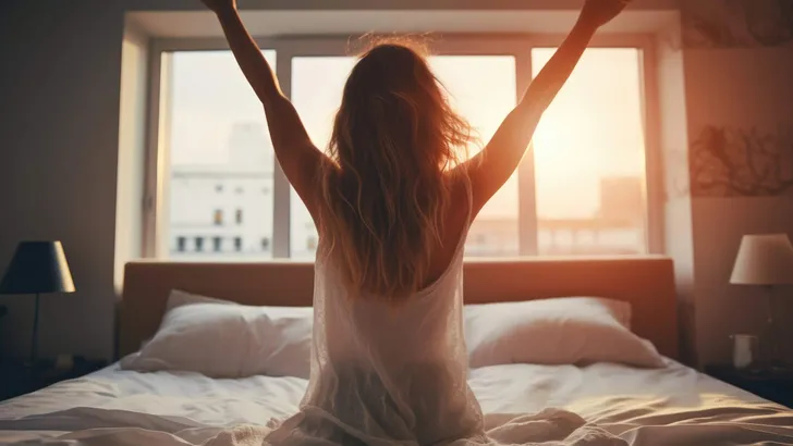Woman stretching in bed after wake up, back view, entering a day happy and relaxed after good night sleep.