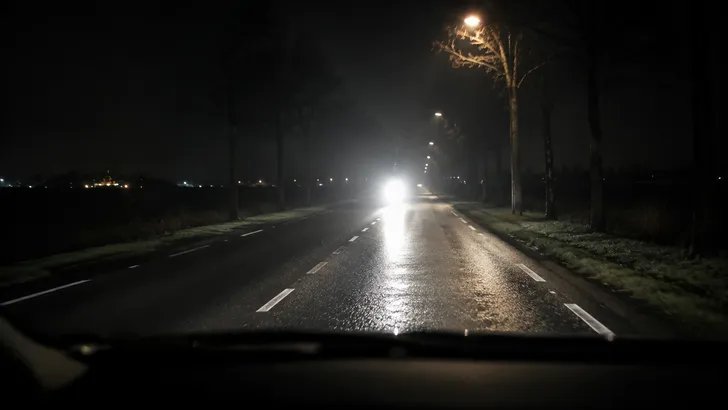 Fietser met een verblindend felle witte koplamp rijdt in het donker recht op de auto af.