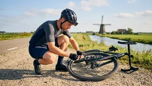 Mannelijke wielrenner repareert gehurkt een lekke tubeless band van zijn gravelbike met een plug langs een zonnige Nederlandse weg.