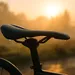 lose-up van een racefietszadel met dauwdruppels in zacht ochtendlicht, symbool voor het artikel over fietsen en vruchtbaarheid.