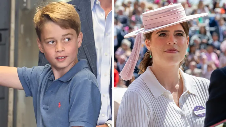 Zoontje prins Eugenie heeft zelfde hobby als prins George – Tweeluik foto's. Links prins George in een blauwe polo, rechts prinses Eugenie met een lichtroze hoed.