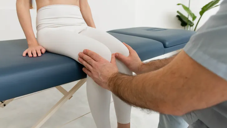 Knee pain relief in clinic. Doctor physiotherapist doing healing treatment on patient leg. Therapist giving leg and calf massage. Osteopathy, Chiropractic leg adjustment. Chiropractic treatment